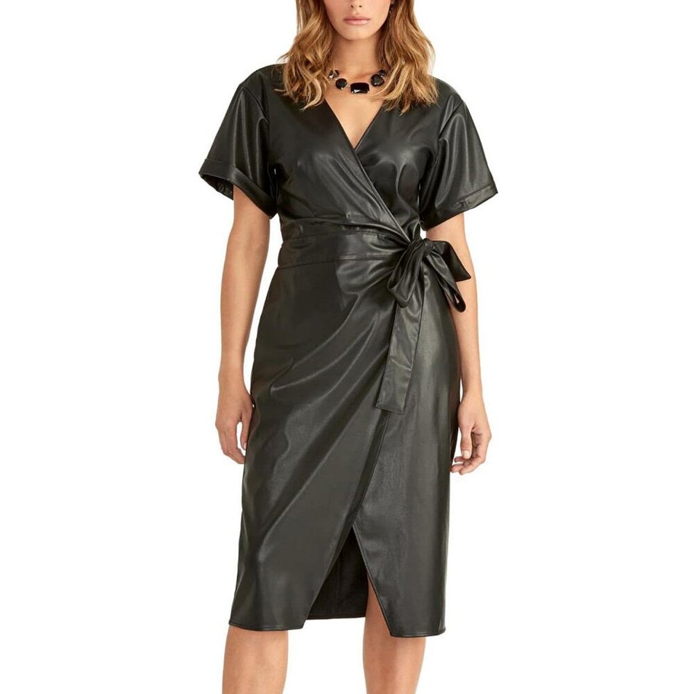 Rachel Roy Black Faux Leather Short Sleeve V Neck Below Knee Wrap Dress, 4, NWT
